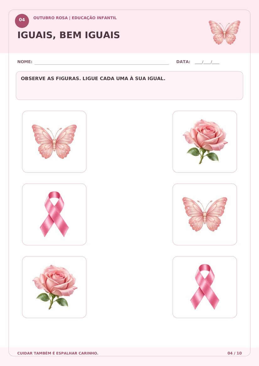 Atividade Outubro Rosa de ligar figuras iguais com borboleta, rosa e laço rosa